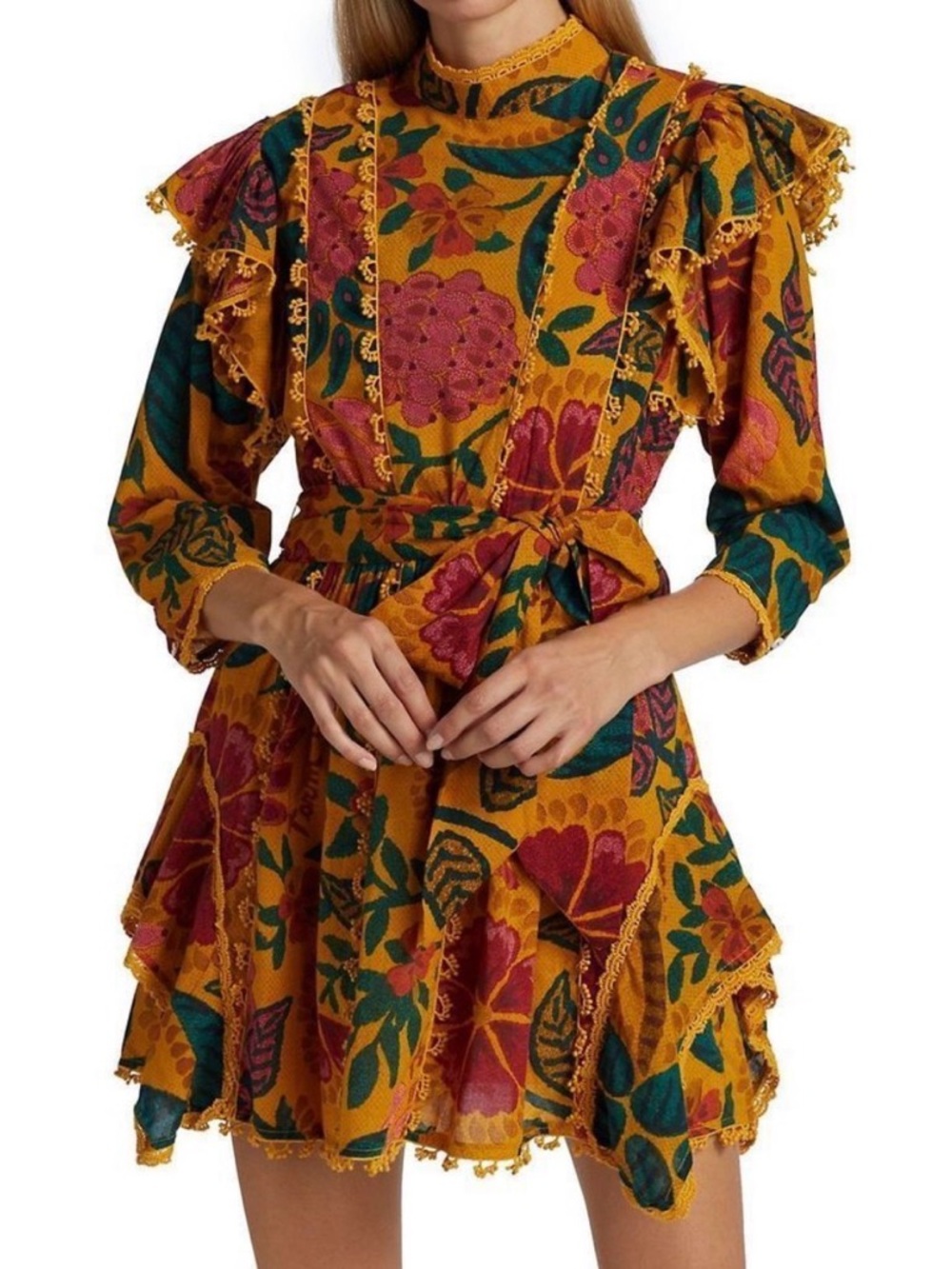 Farm Rio Yellow Pink Ruffle Wrap Mini Dress - Picture 3 of 7